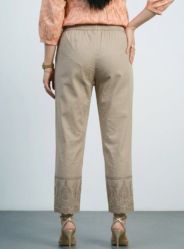 Women Embroidered Hem Straight Pants