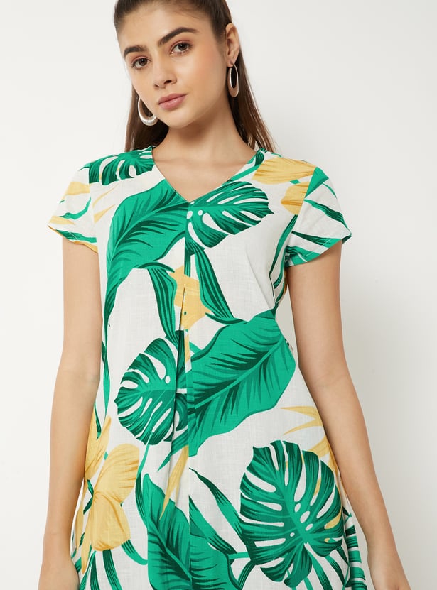 Women Tropical Print Handkerchief Hem Dress