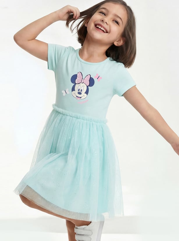 Girls Minnie Print Fit & Flare Dress