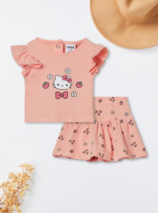 Girls Hello Kitty Print T-shirt and Skirt Set