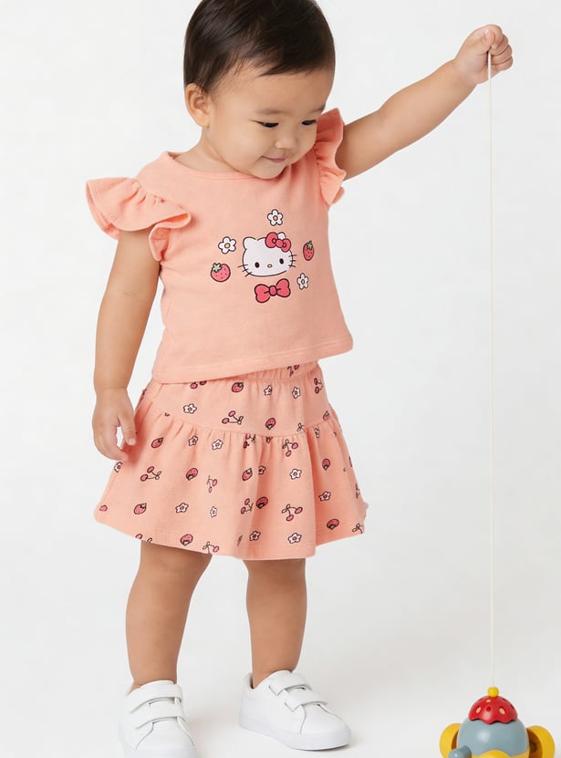 Girls Hello Kitty Print T-shirt and Skirt Set