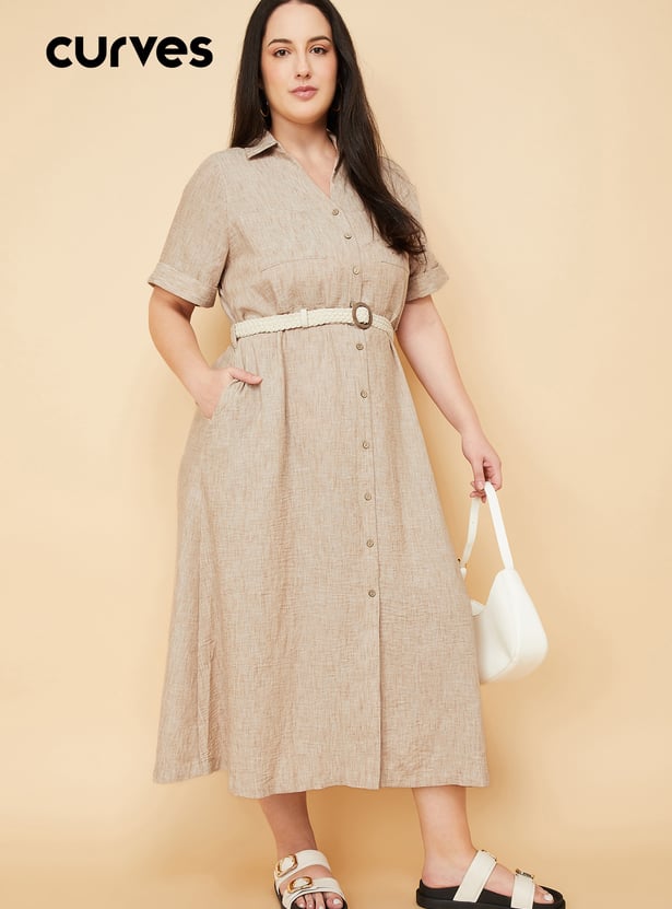 Women Textured Shirt Dress with Belt
