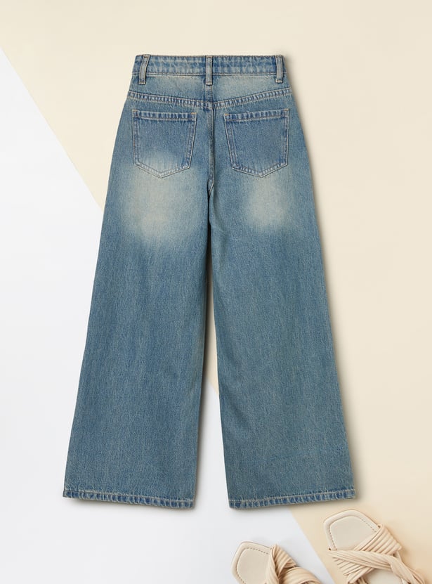 Girls Washed Wide Leg Jeans