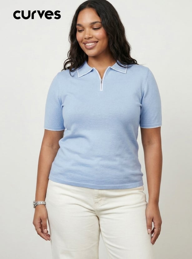 Women Knit Polo T-shirt with Contrast Collar