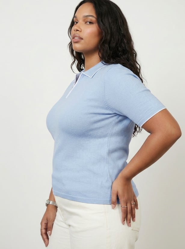 Women Knit Polo T-shirt with Contrast Collar