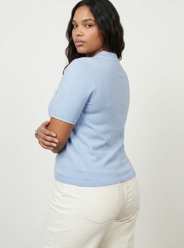 Women Knit Polo T-shirt with Contrast Collar