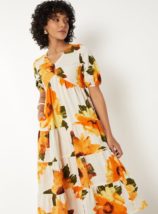 Women Floral Print Tiered Midi Dress