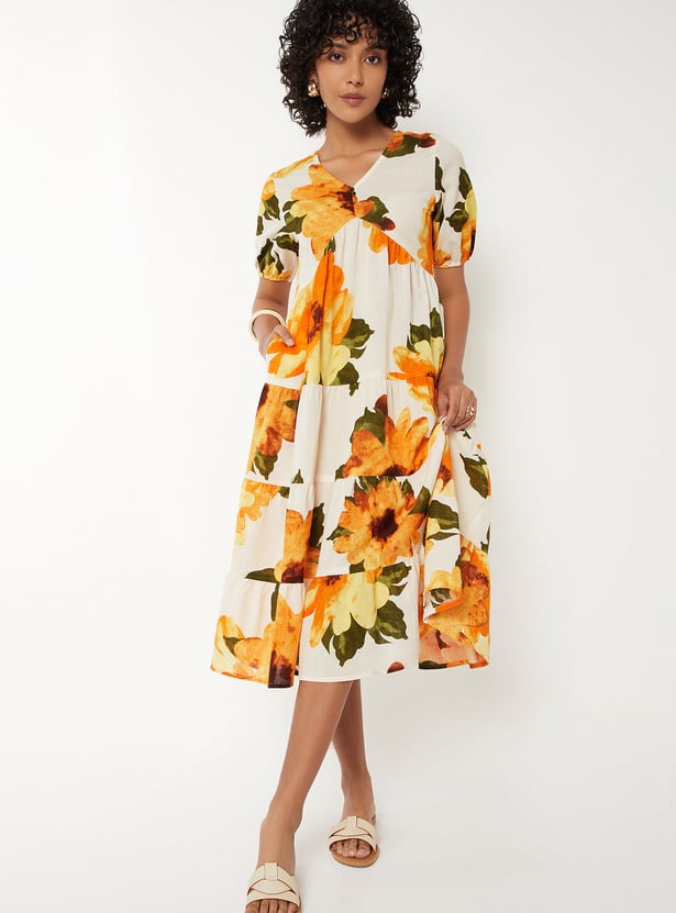Women Floral Print Tiered Midi Dress