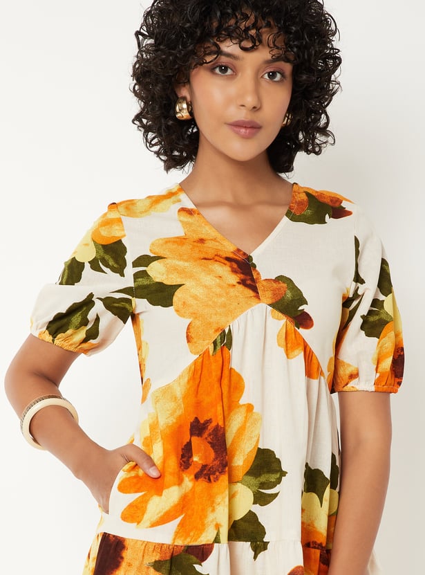 Women Floral Print Tiered Midi Dress