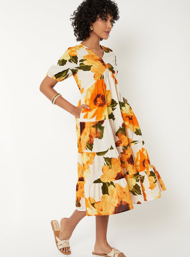 Women Floral Print Tiered Midi Dress