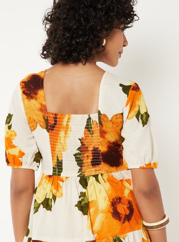 Women Floral Print Tiered Midi Dress