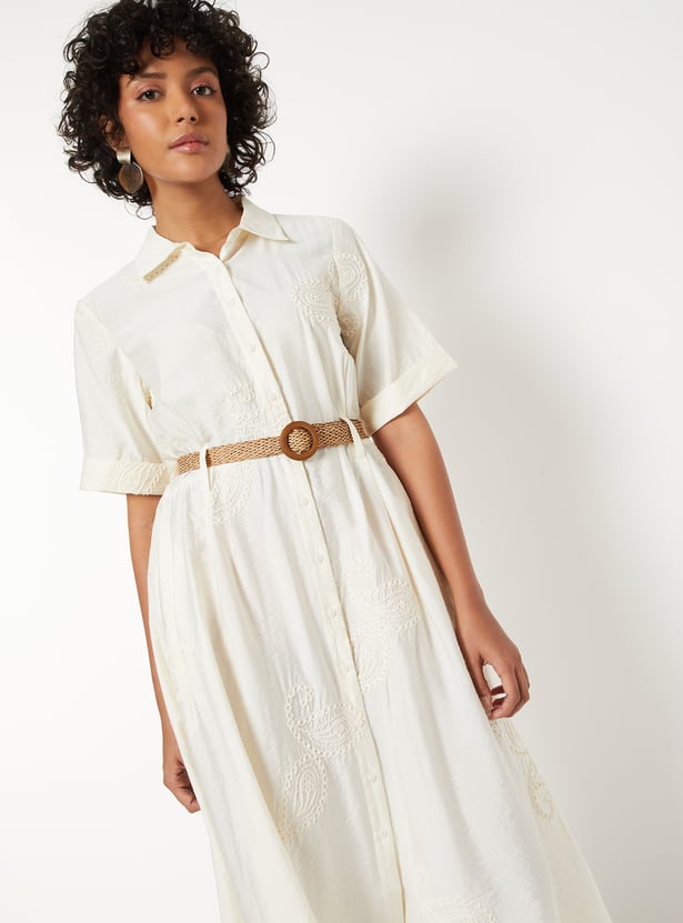 Women Embroidered Shirt Dress with Belt