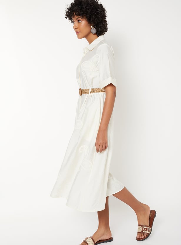 Women Embroidered Shirt Dress with Belt
