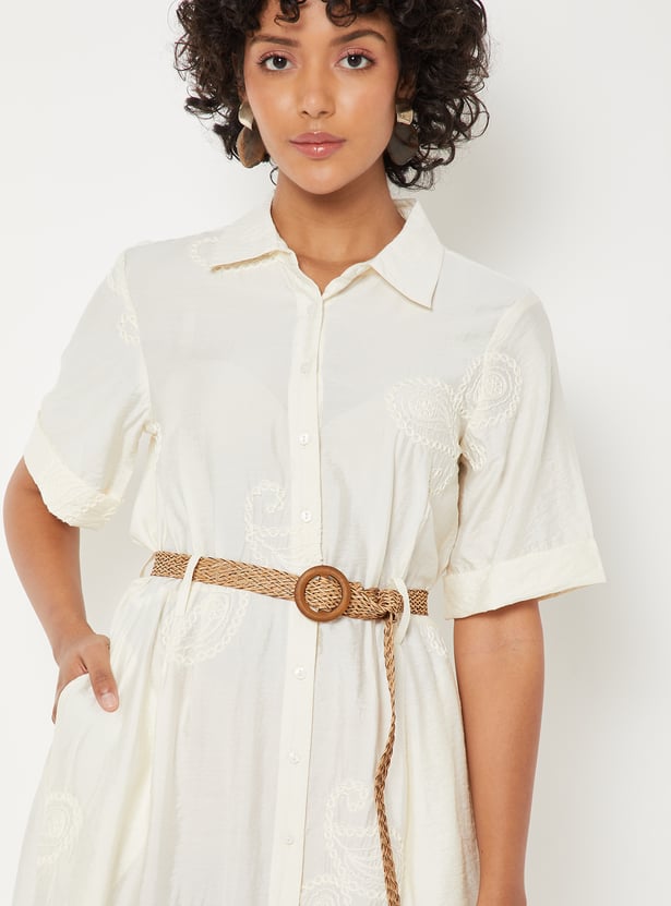Women Embroidered Shirt Dress with Belt