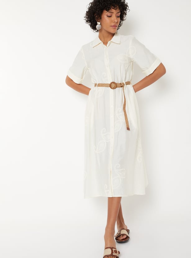 Women Embroidered Shirt Dress with Belt