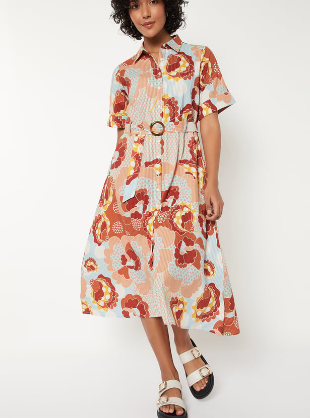 Women Floral Print Shirt Dress with Belt