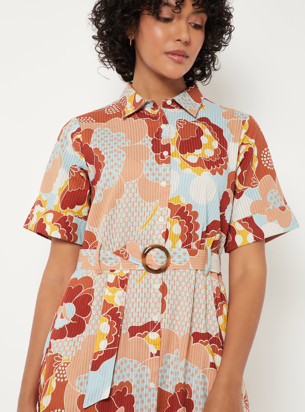 Women Floral Print Shirt Dress with Belt