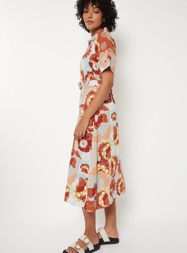 Women Floral Print Shirt Dress with Belt