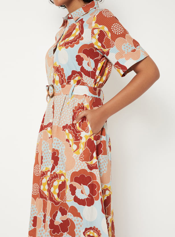 Women Floral Print Shirt Dress with Belt