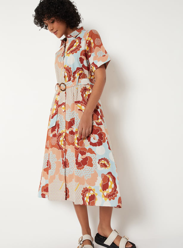 Women Floral Print Shirt Dress with Belt