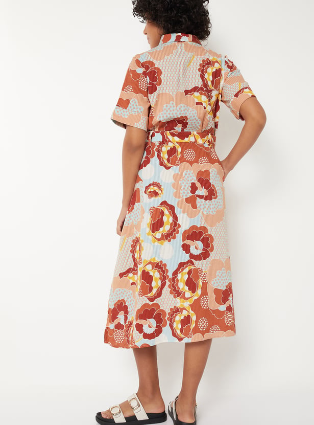Women Floral Print Shirt Dress with Belt