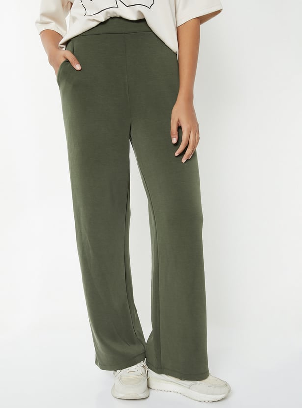Women Solid Wide Leg Track Pants