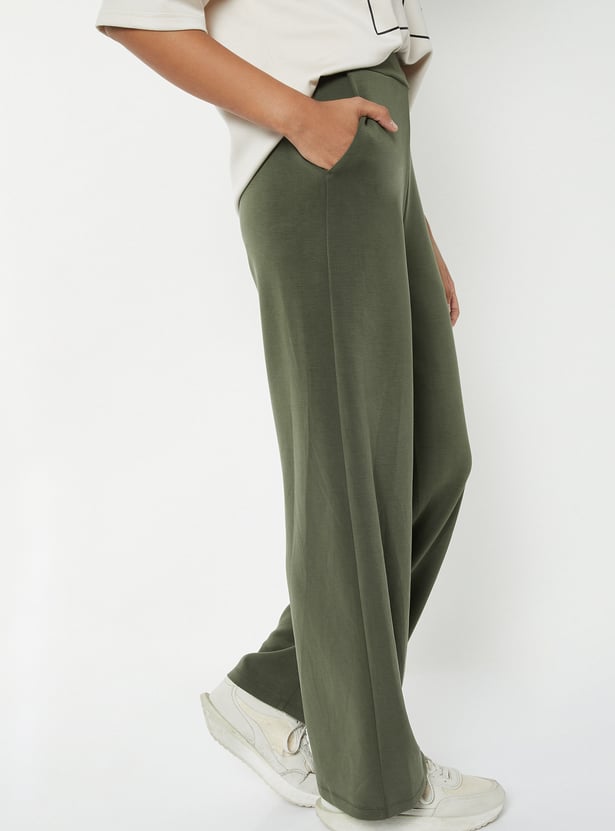 Women Solid Wide Leg Track Pants
