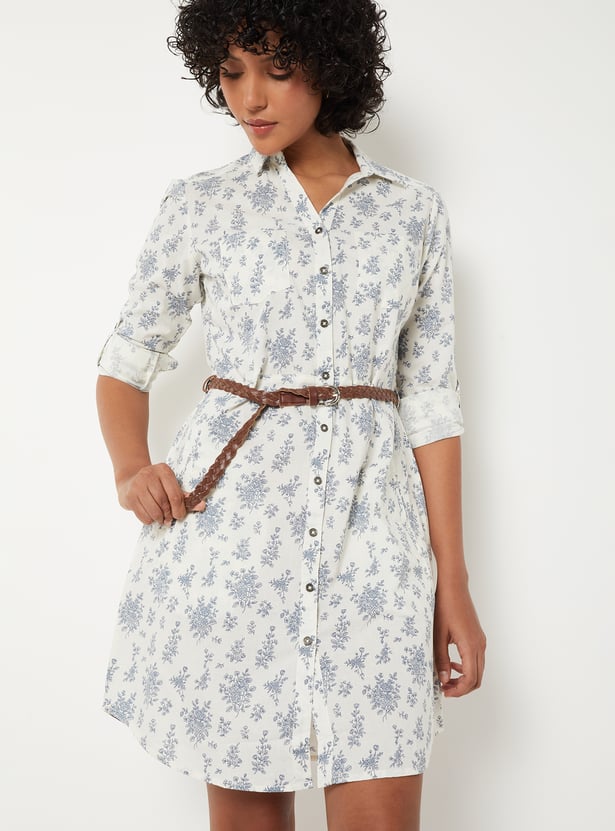 Women Floral Print Shirt Dress