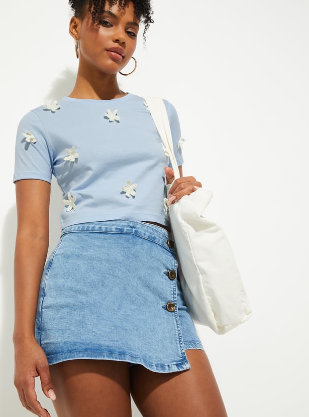 Buy URB_N Women Flower Appliqued T-shirt Online at just Rs. 599.0