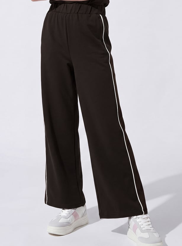 Girls Contrast Piping Wide Leg Track Pants