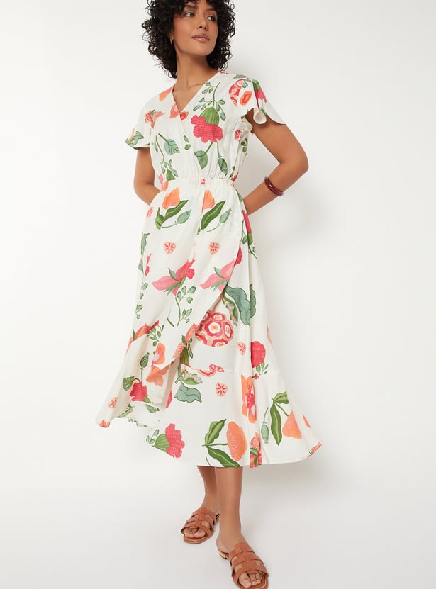 Women Floral Print Wrap Dress
