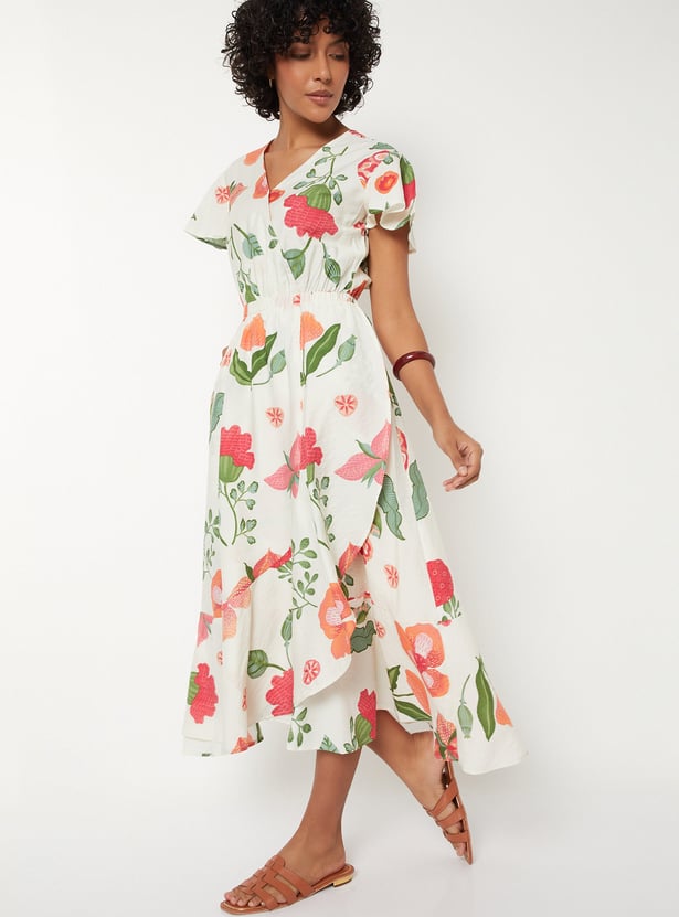 Women Floral Print Wrap Dress