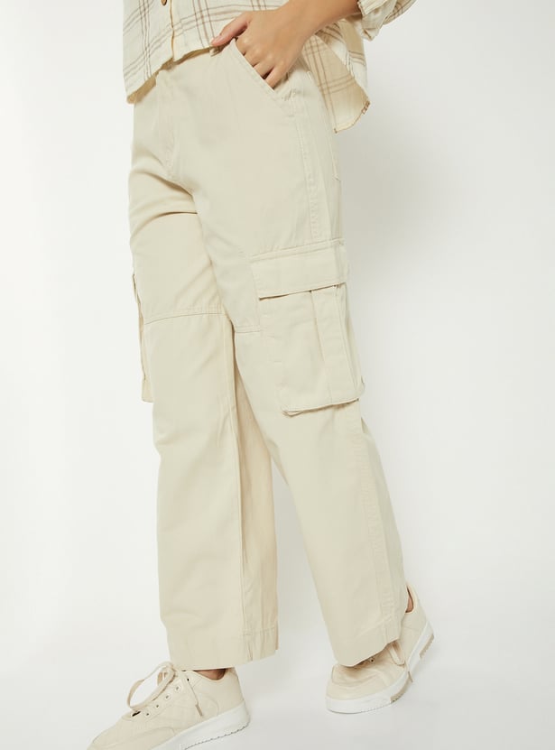 Women Solid Wide Leg Cargo Trousers