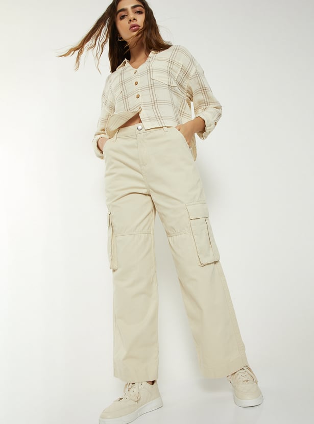 Women Solid Wide Leg Cargo Trousers