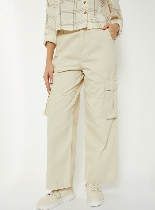 Women Solid Wide Leg Cargo Trousers