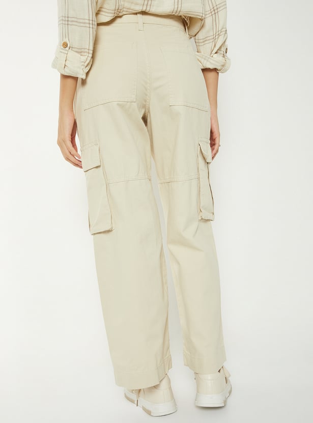 Women Solid Wide Leg Cargo Trousers