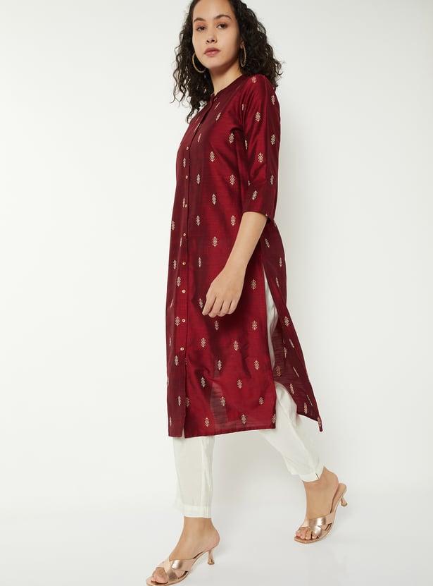 Women Woven Motif Straight Kurta