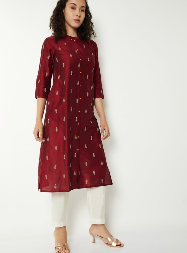 Women Woven Motif Straight Kurta