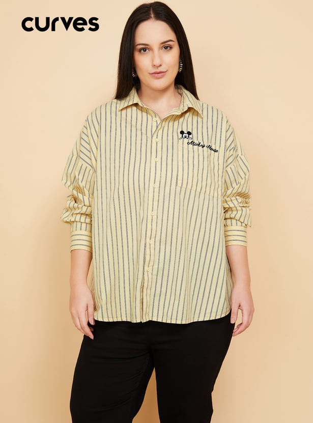 Women Mickey Mouse Embroidered Striped Shirt