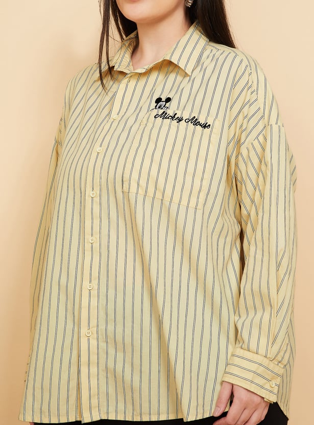 Women Mickey Mouse Embroidered Striped Shirt
