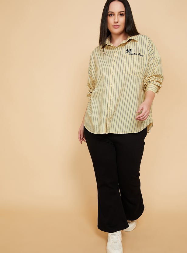 Women Mickey Mouse Embroidered Striped Shirt