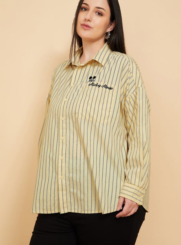 Women Mickey Mouse Embroidered Striped Shirt