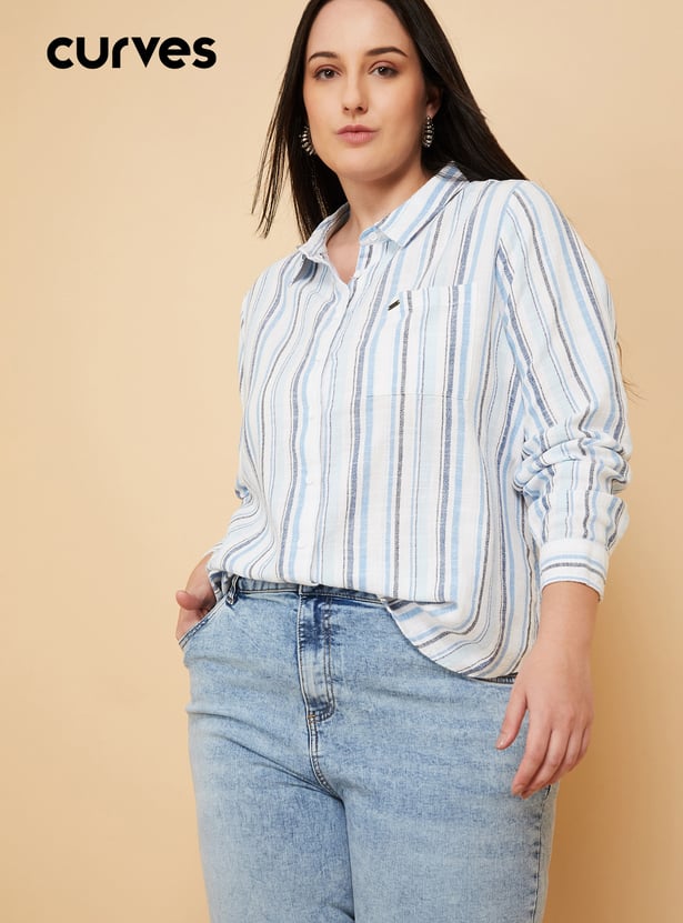 Women Mickey Mouse Embroidered Striped Shirt