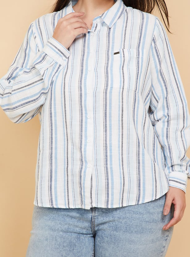 Women Mickey Mouse Embroidered Striped Shirt