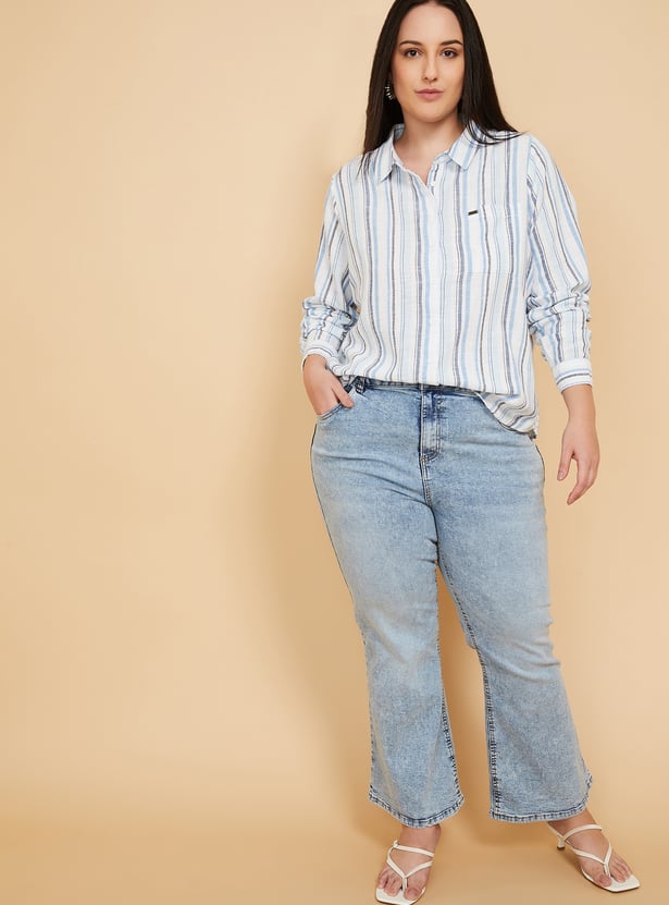 Women Mickey Mouse Embroidered Striped Shirt