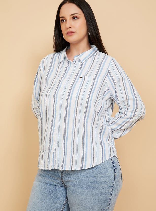 Women Mickey Mouse Embroidered Striped Shirt