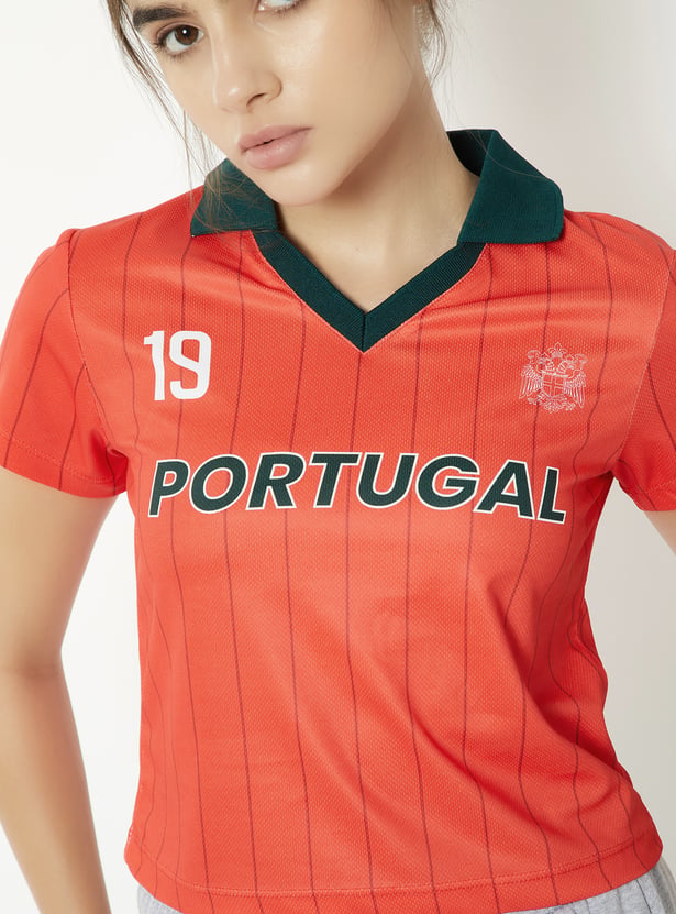 Women Striped Slim Fit Johnny Collar Sports T-shirt