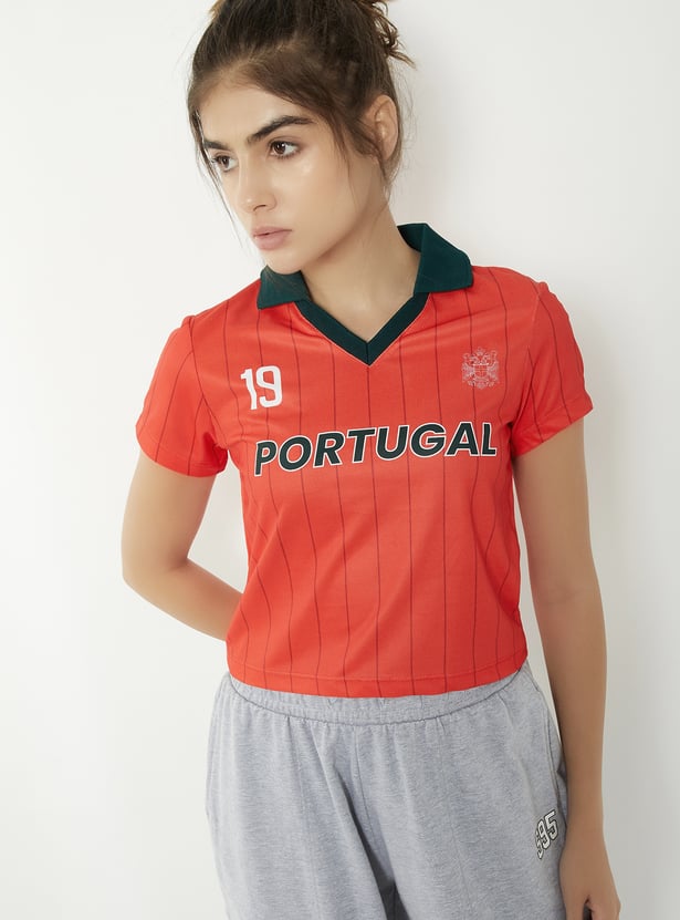 Women Striped Slim Fit Johnny Collar Sports T-shirt