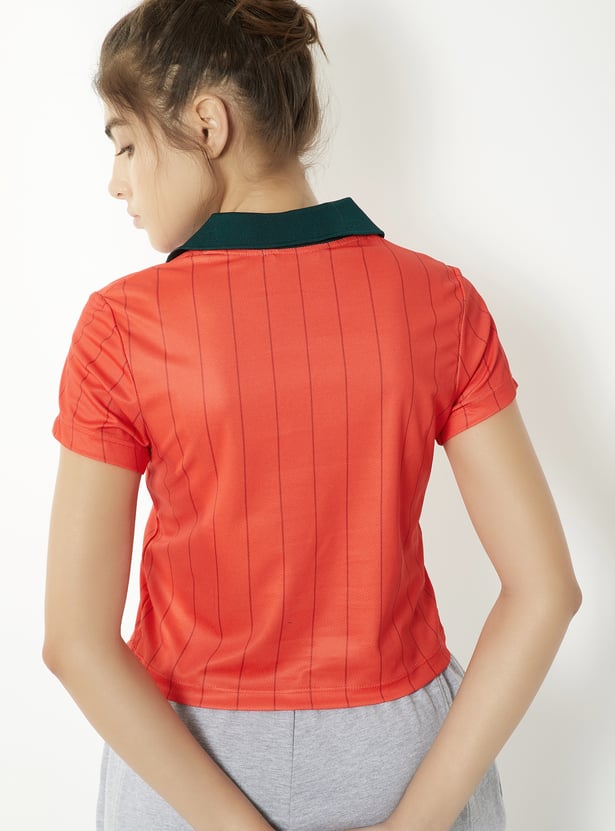Women Striped Slim Fit Johnny Collar Sports T-shirt