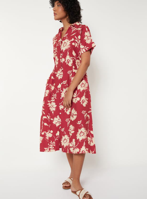 Women Floral Print Shirt Dress